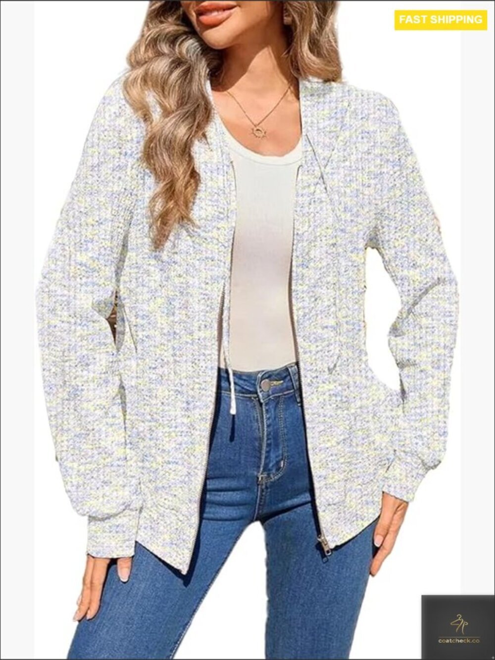 Waffle Knit Zip Up Hoodie Sweatshirt Loose Comfortable Fall Jacket Trendy